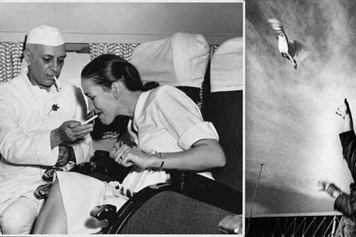 Pandit Nehru lighting a cigarette for the British High Commissioner’s wife (left), Pandit Nehru releasing a dove at Delhi’s National Stadium mid 1950′s (right), Image Source: Alkazi Collection of Photography, Homai Vyarawalla Archives Pandit Nehru lighting a cigarette for the British High Commissioner’s wife (left), Pandit Nehru releasing a dove at Delhi’s National Stadium mid 1950′s (right), Image Source: Alkazi Collection of Photography, Homai Vyarawalla Archives