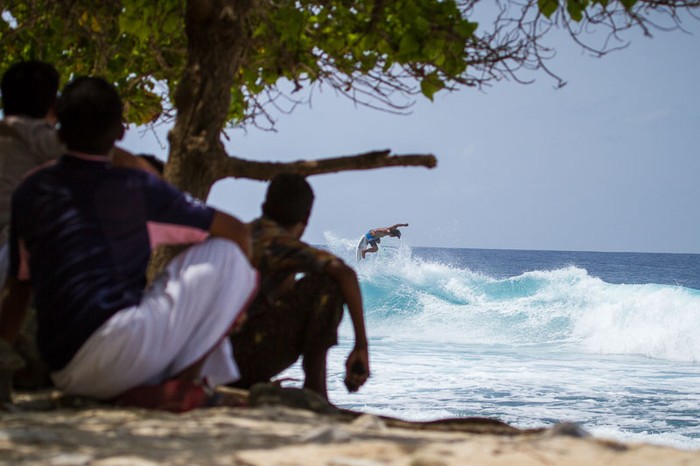 A scene from the iconic Rip Curl Search! The search is the driving force of Rip Curl, it lives the spirit of everything Rip Curl does. Pat Curren, son of legendary 3x world champion Tom Curren carrying the legacy with an amused audience to cheer in a remote island off India.