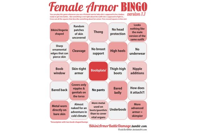 The Female Armour Bingo Card, by OzzieScribbler. The Female Armour Bingo Card, by OzzieScribbler.